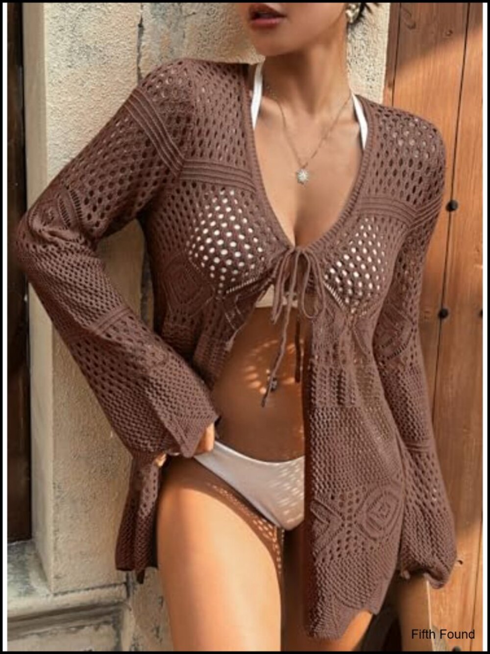 Crochet Cardigan Long Sleeve Tie Front Hollow Out Knit Summer Beach Coverup - Picture 3 of 6